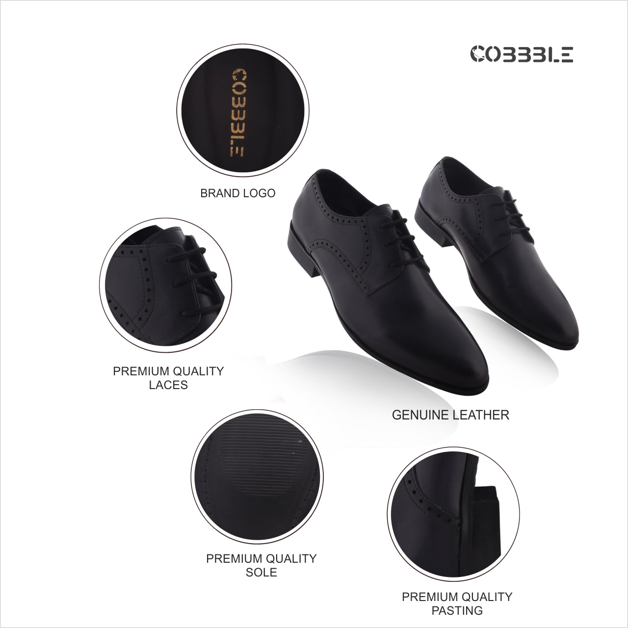 Cobble Men's Genuine Leather Classic Brogue Shoes - Black