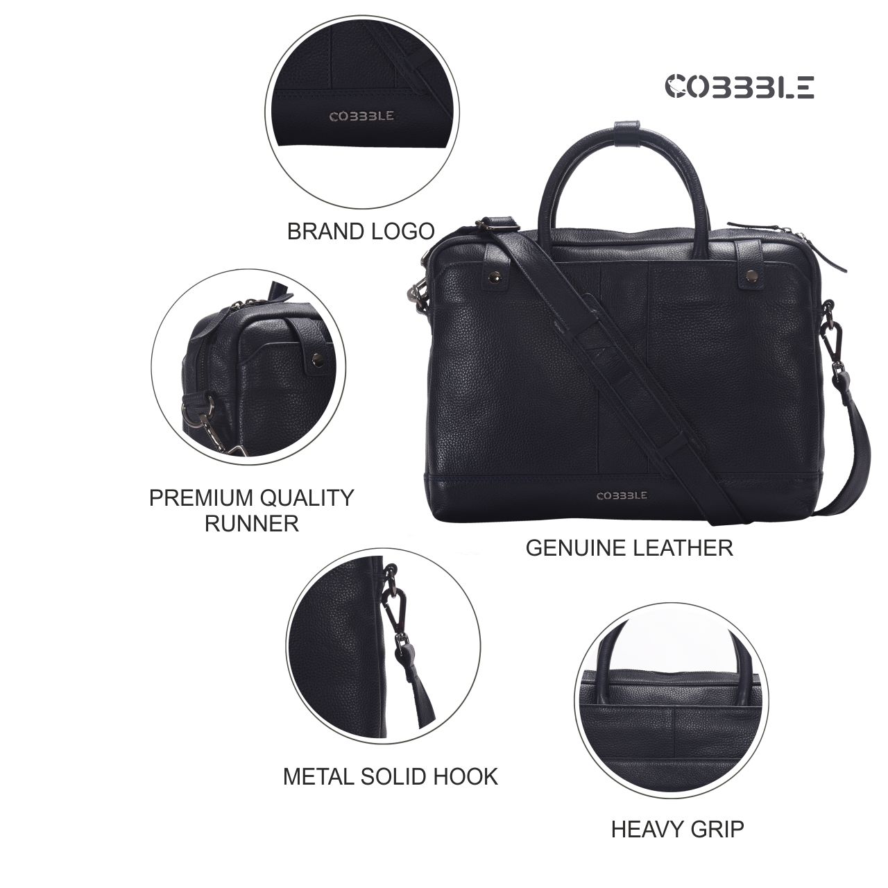 Cobbble Flat Grain Cambridge Laptop Briefcase - Black