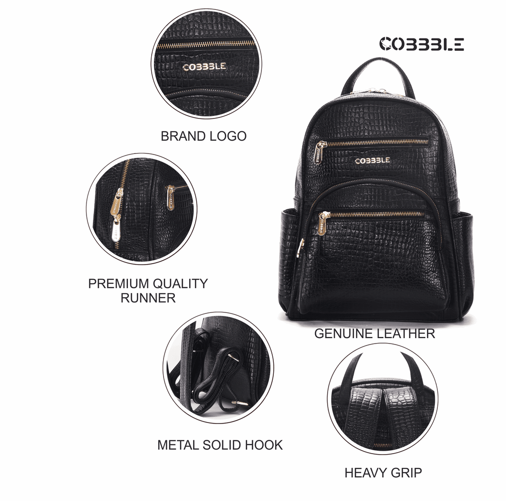 Luxury Backpack for Women - Cobbble Croco Day Backpack in Black