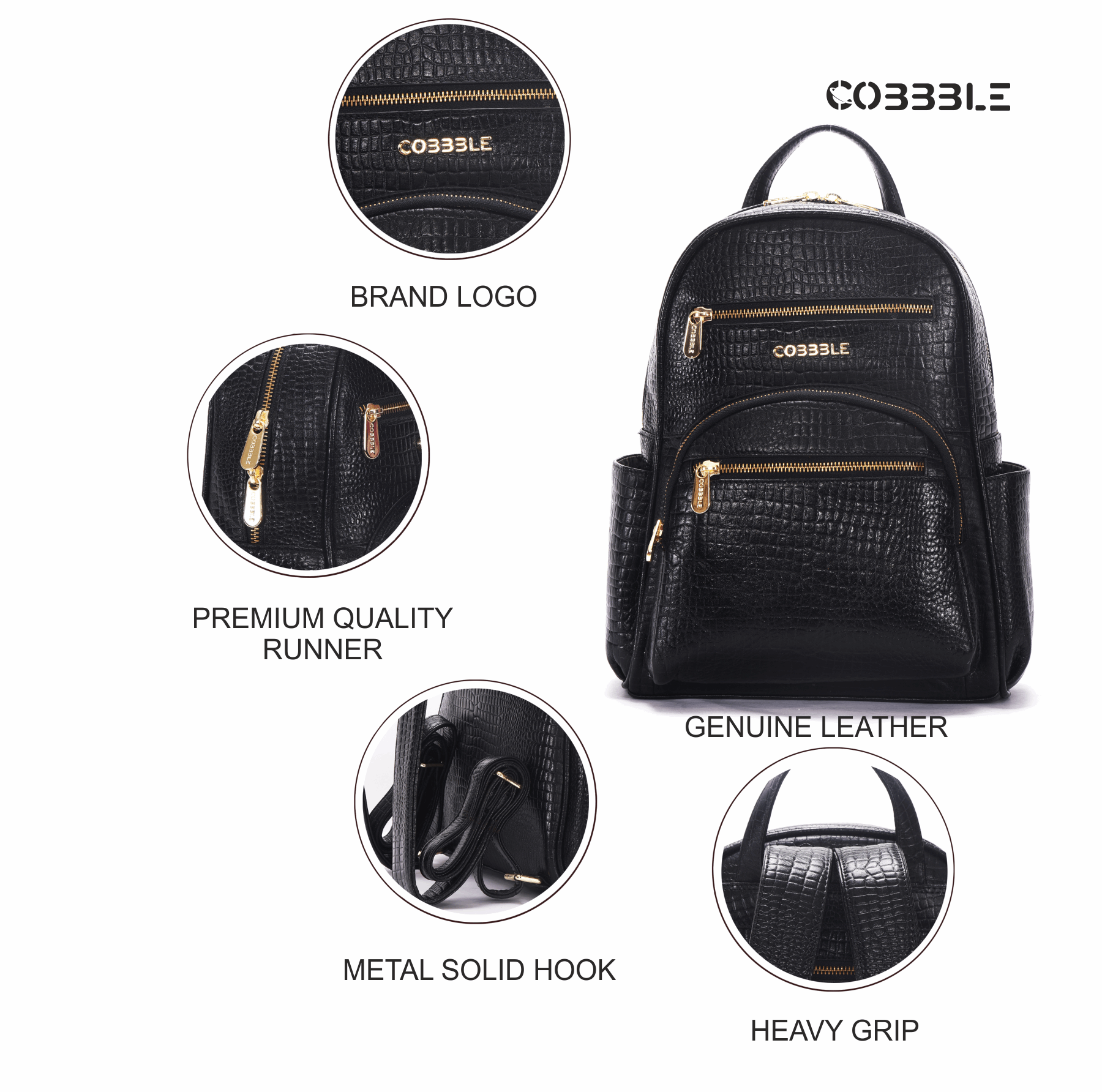 Cobbble Woman Croco Day Backpack - Black, Multi-Pocket