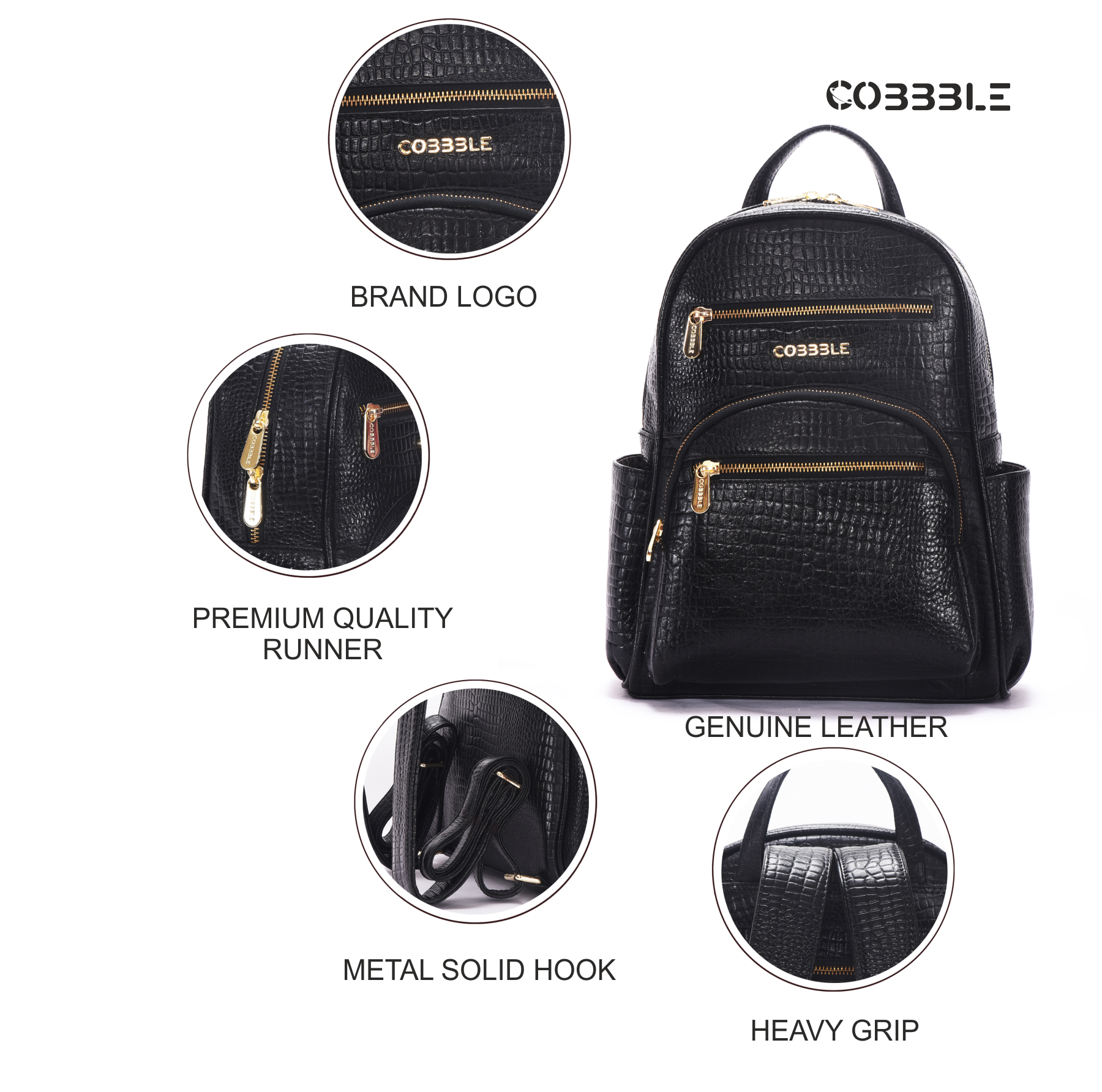 Cobbble Woman Croco Day Backpack - Black, Multi-Pocket