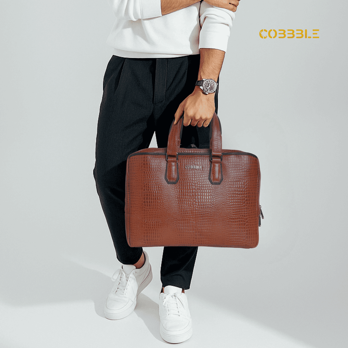 Cobbble Croco Executive Laptop Briefcase - Tan Leather