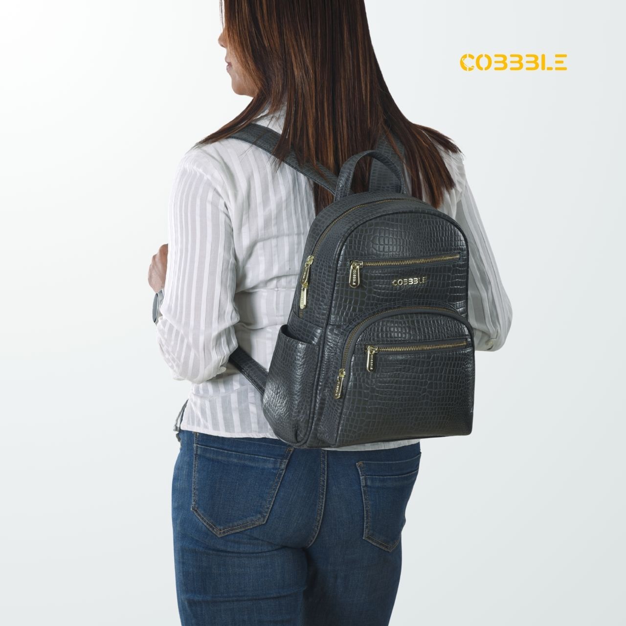 Cobbble Woman Croco Day Backpack - Grey, Multi-Pocket