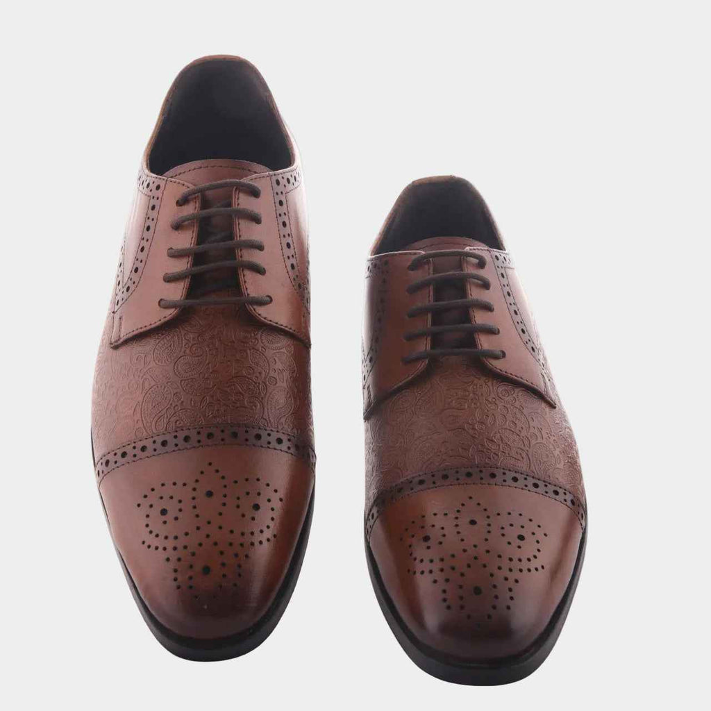 Luxury Shoes: Cobbble Men's Premium Engraved Brogue Leather Shoes - Tan