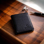 Cobbble Crest Leather Trifold Wallet - Black