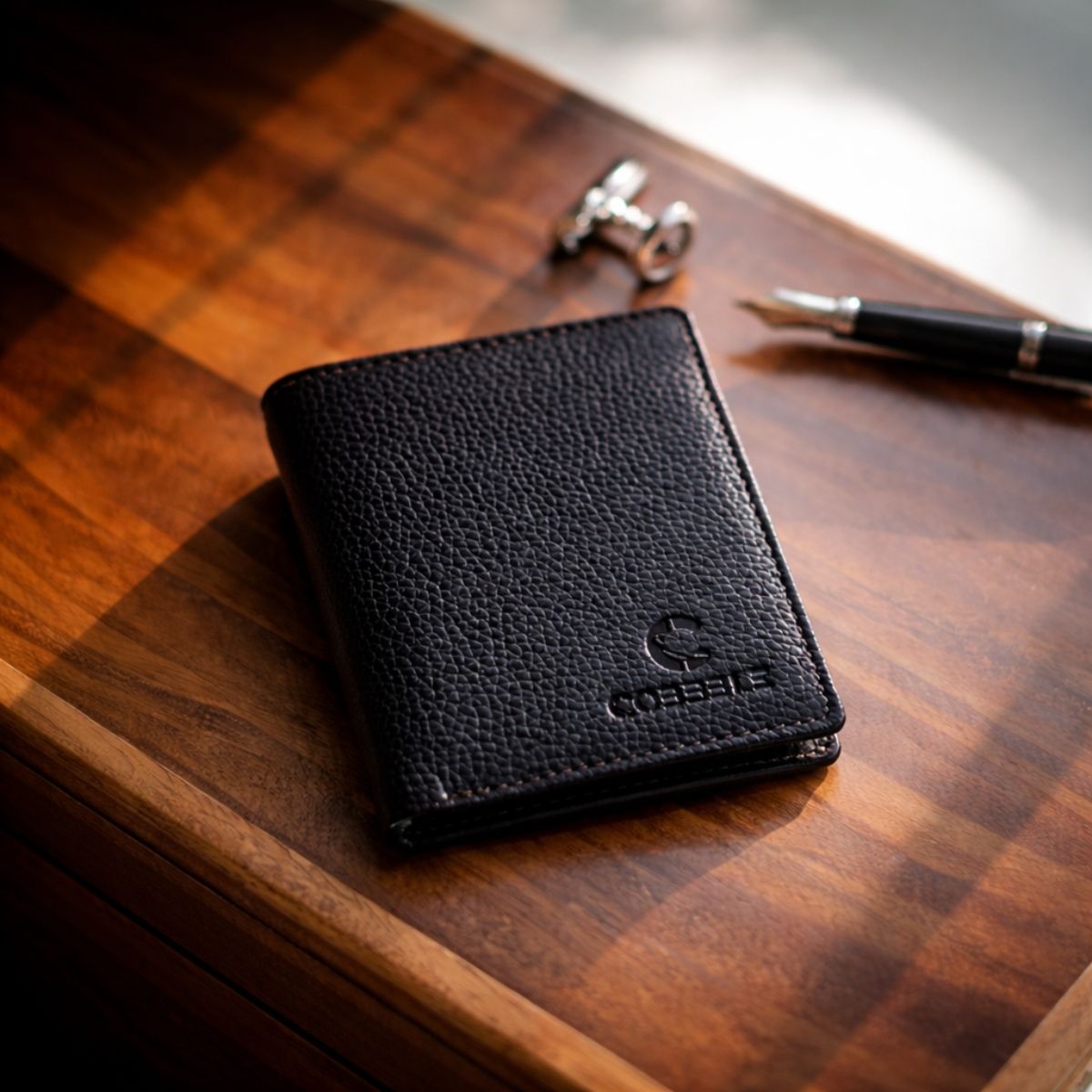 Cobbble Crest Leather Trifold Wallet - Black