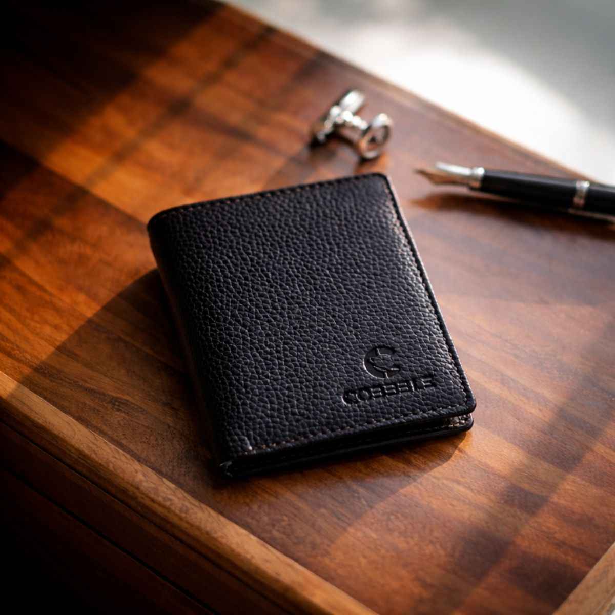 Cobbble Crest Leather Trifold Wallet - Black