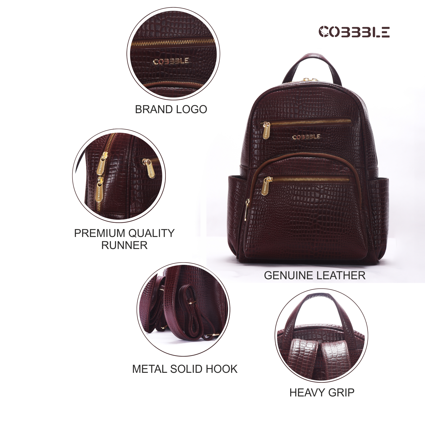 Cobbble Woman Croco Day Backpack - Cherry, Multi-Pocket