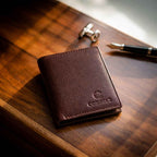 Cobbble Crest Leather Trifold Wallet - Brown