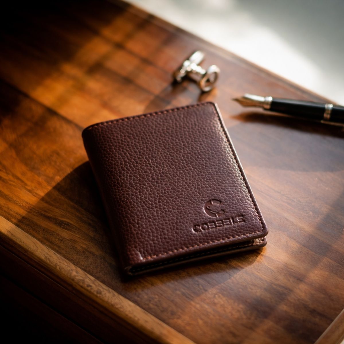 Cobbble Crest Leather Trifold Wallet - Brown