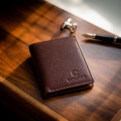 Cobbble Crest Leather Trifold Wallet - Brown