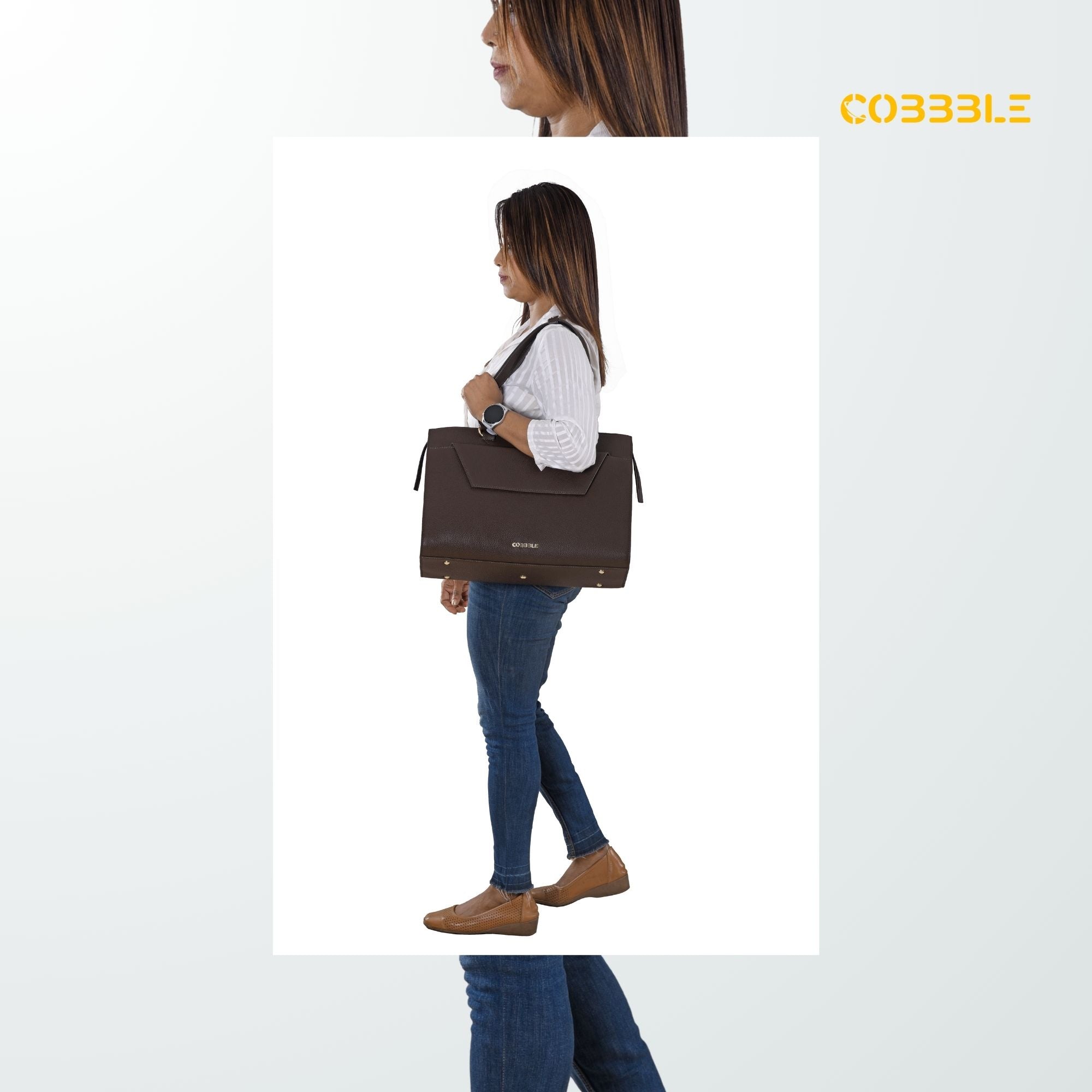 Cobbble Woman Shoulder Laptop Bag - Dark Brown, Multi-Pocket