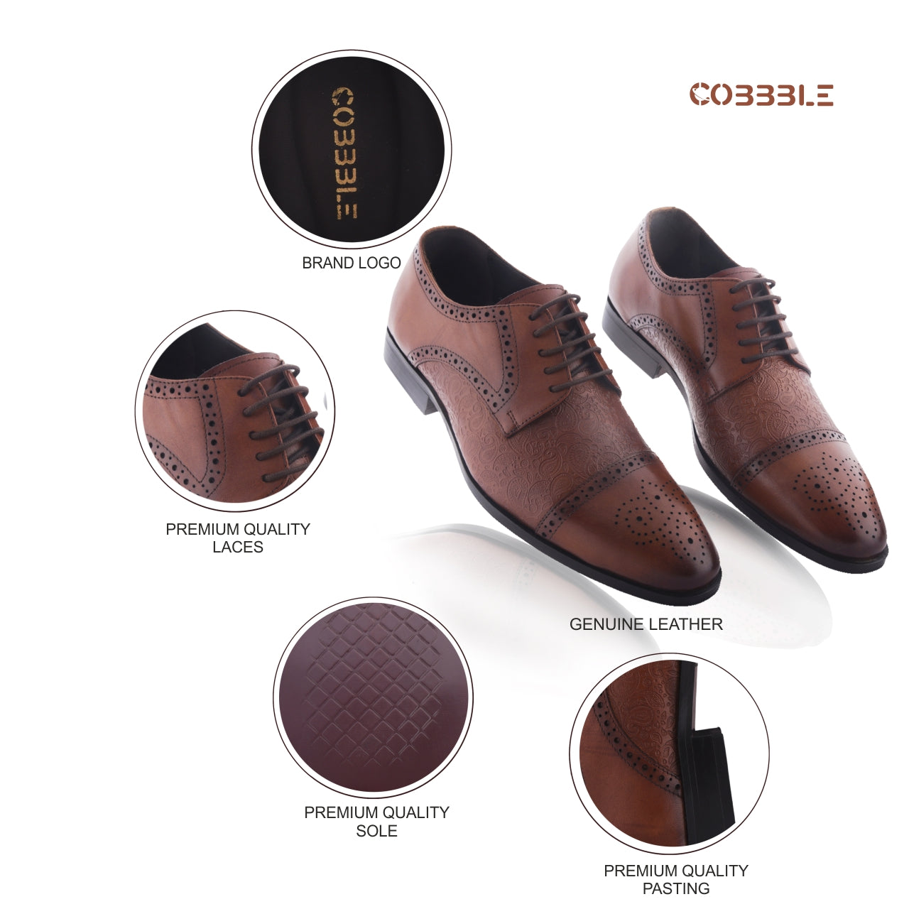 Cobbble Men's Premium Engraved Brogue Leather Shoes - Tan