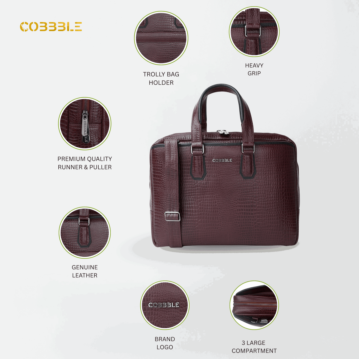Cobbble Croco Executive Laptop Briefcase - Cherry