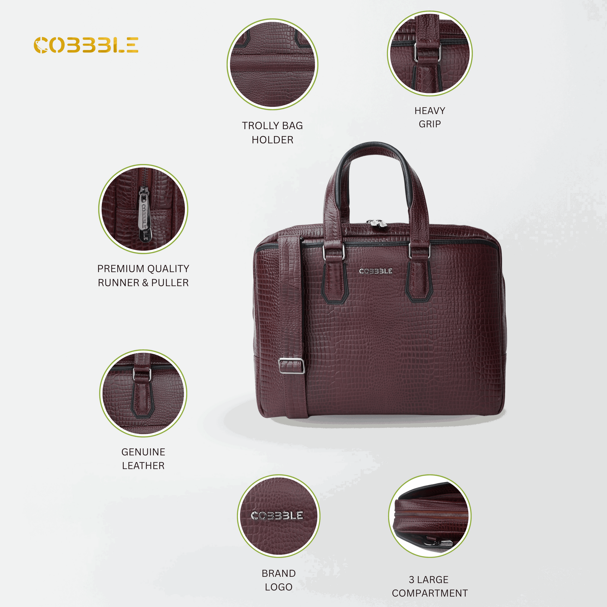 Cobbble Croco Executive Laptop Briefcase - Cherry