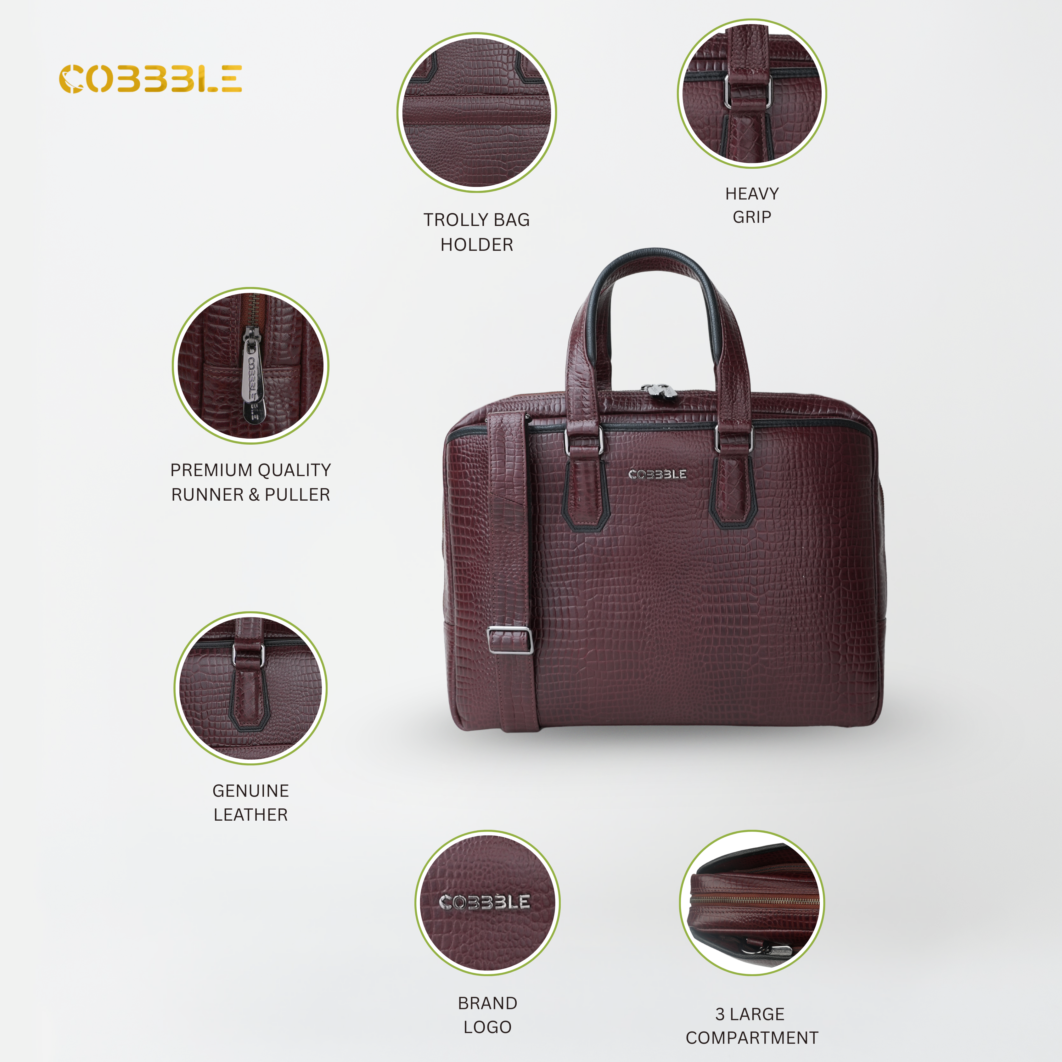 Cobbble Croco Executive Laptop Briefcase - Cherry