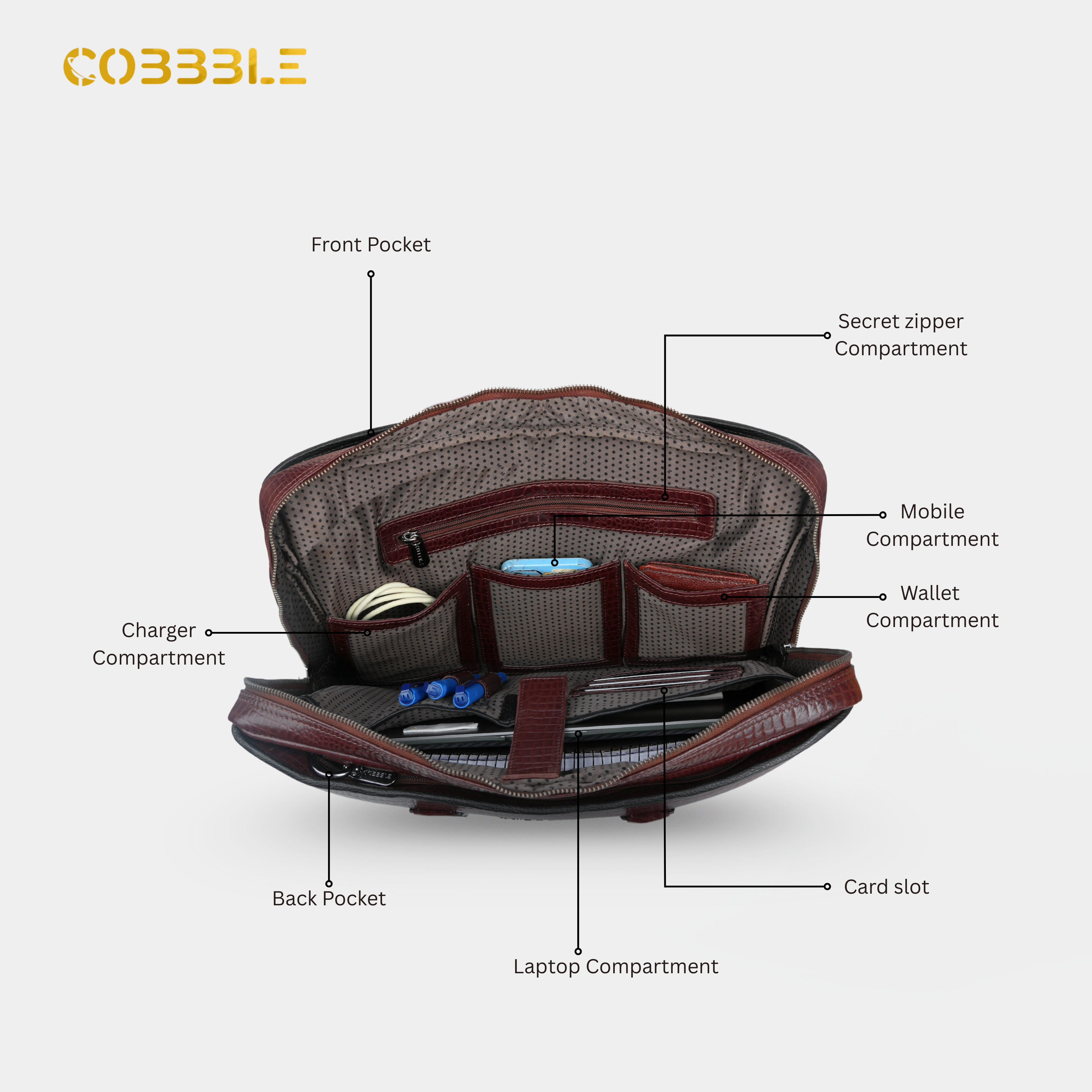 Cobbble Croco Executive Laptop Briefcase - Cherry