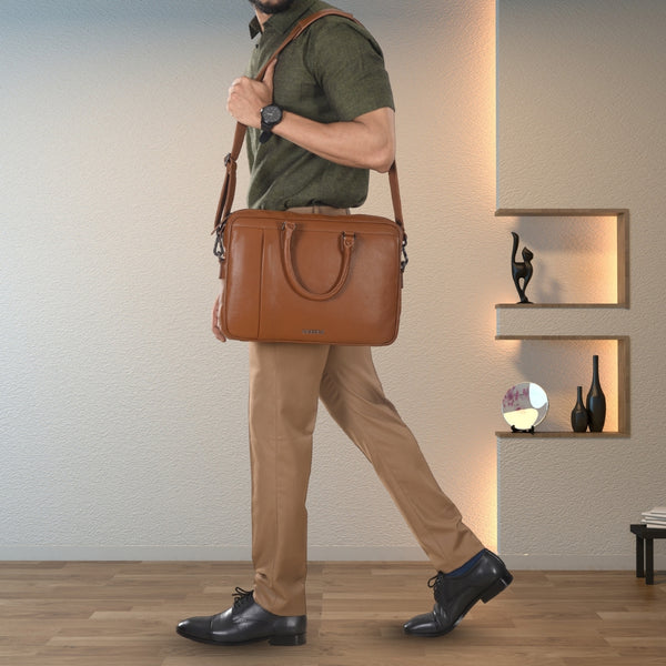 Cobbble Flat Grain Metro Laptop Briefcase - Tan