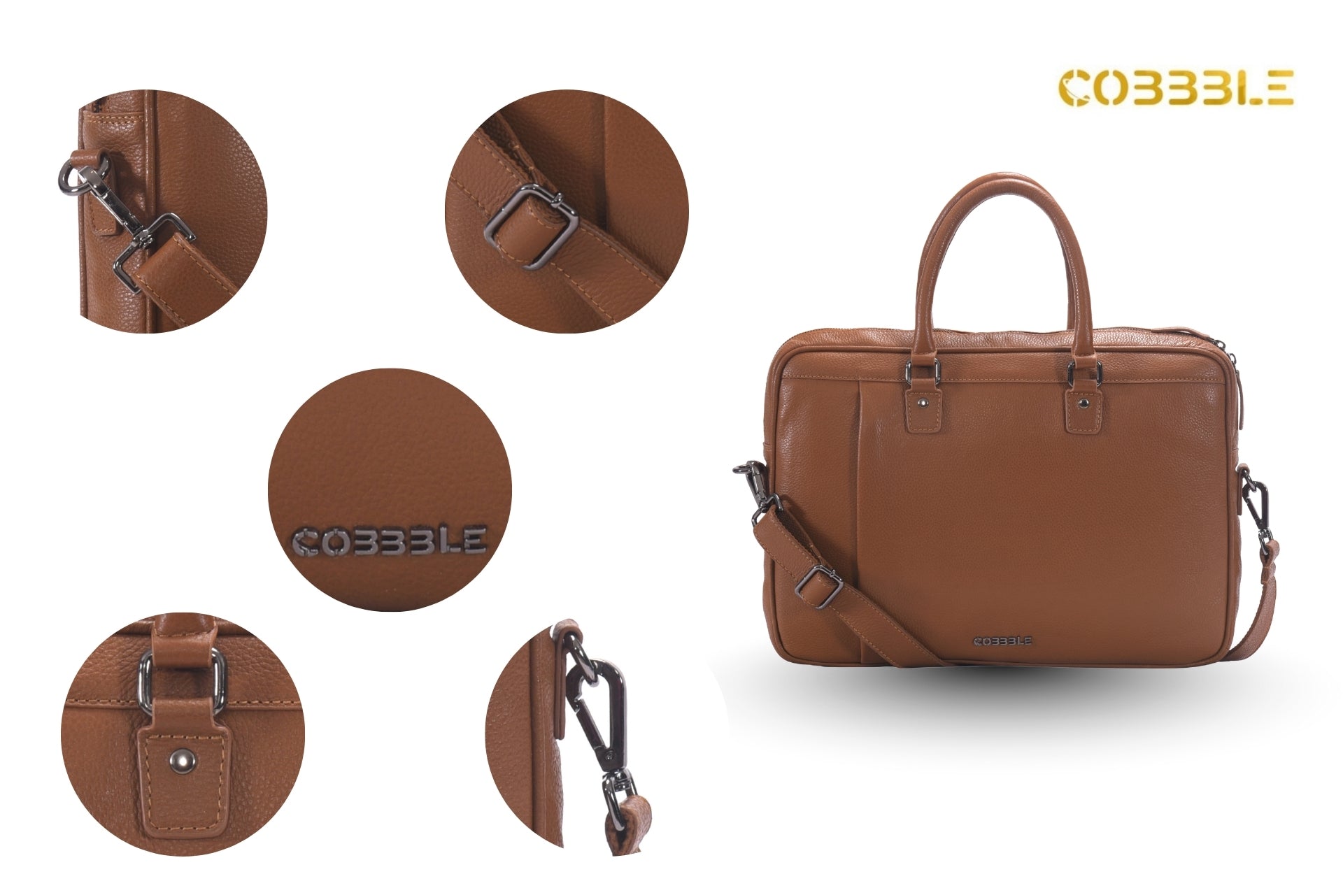 Cobbble Flat Grain Metro Laptop Briefcase - Tan