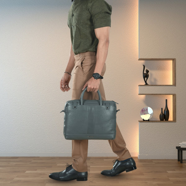 Cobbble Flat Grain Cambridge Laptop Briefcase - Grey