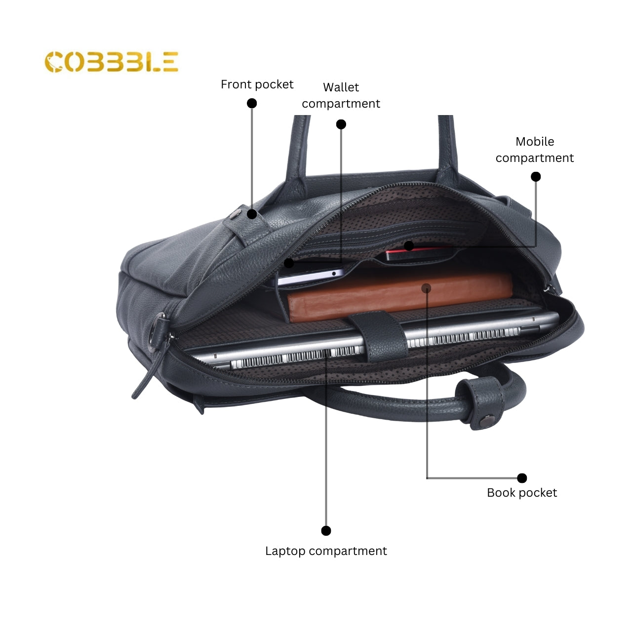 Cobbble Flat Grain Cambridge Laptop Briefcase - Grey