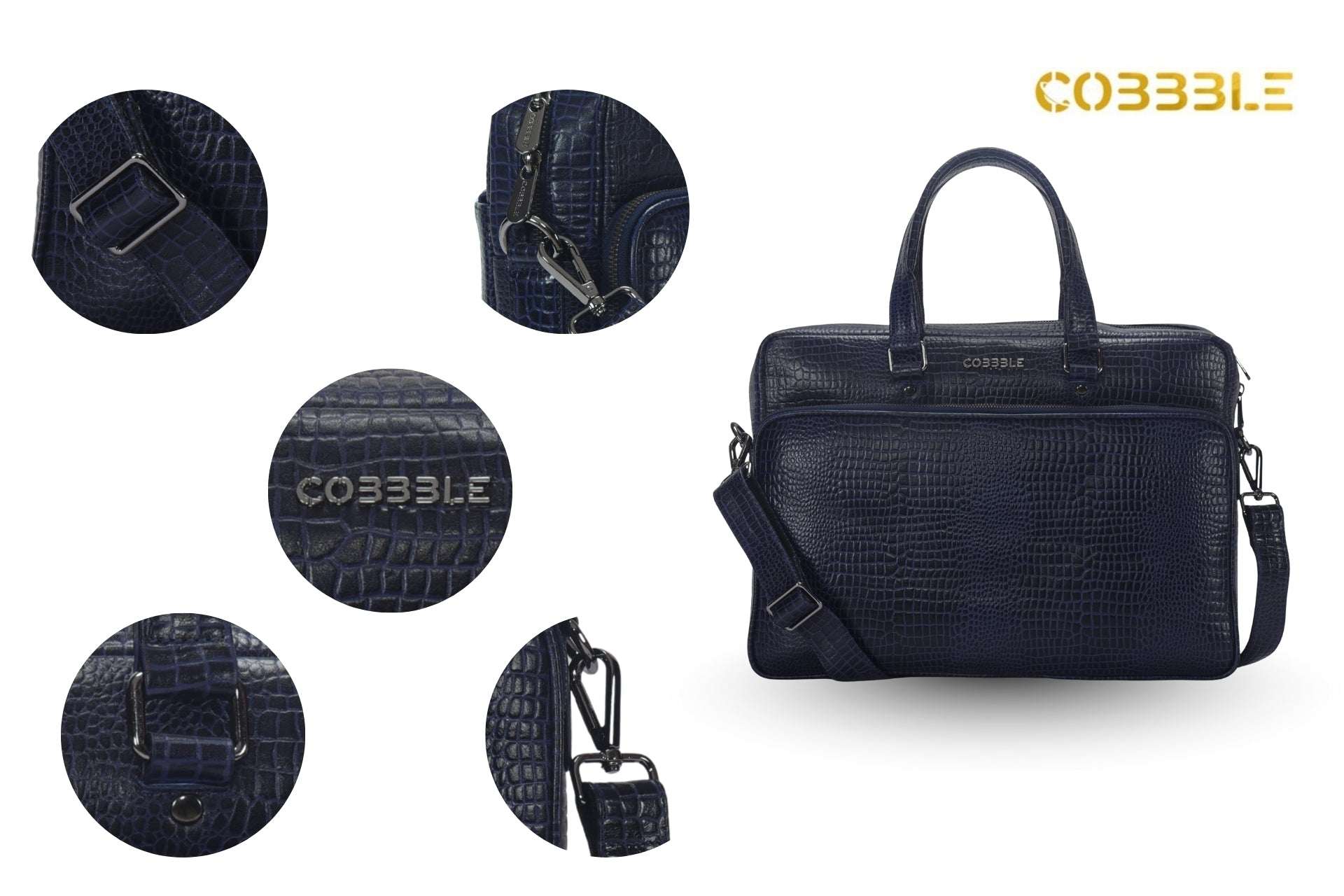 Cobbble Croco Classic Laptop Briefcase - Navy Blue