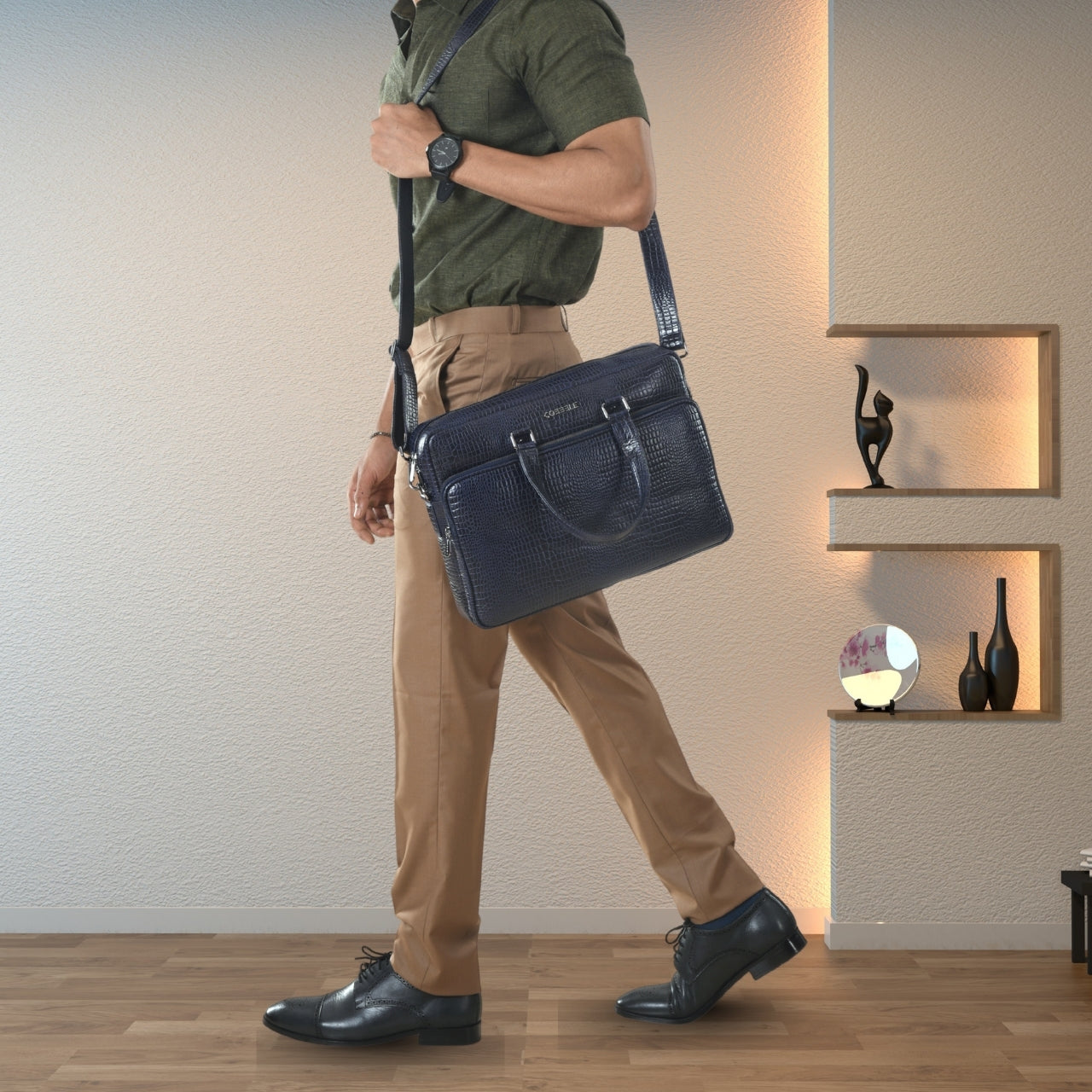 Cobbble Croco Classic Laptop Briefcase - Navy Blue