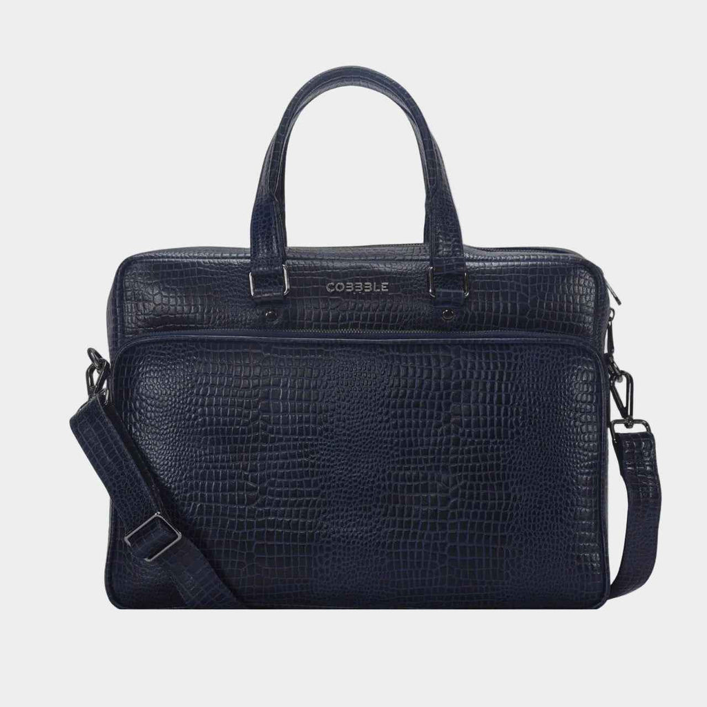 Luxury Laptop Bag - Cobbble Croco Classic Laptop Briefcase in Navy Blue