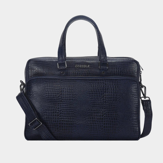 Cobbble Croco Classic Laptop Briefcase - Navy Blue