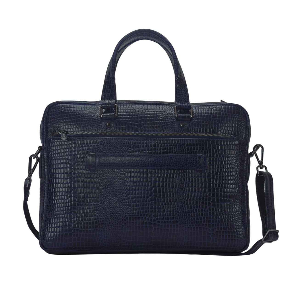 Luxury Laptop Bag - Cobbble Croco Classic Laptop Briefcase in Navy Blue