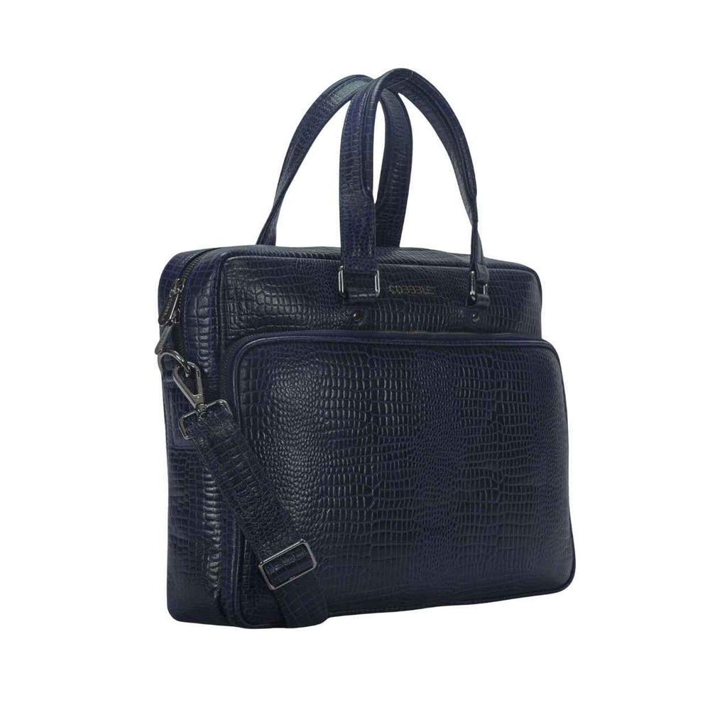 Luxury Laptop Bag - Cobbble Croco Classic Laptop Briefcase in Navy Blue