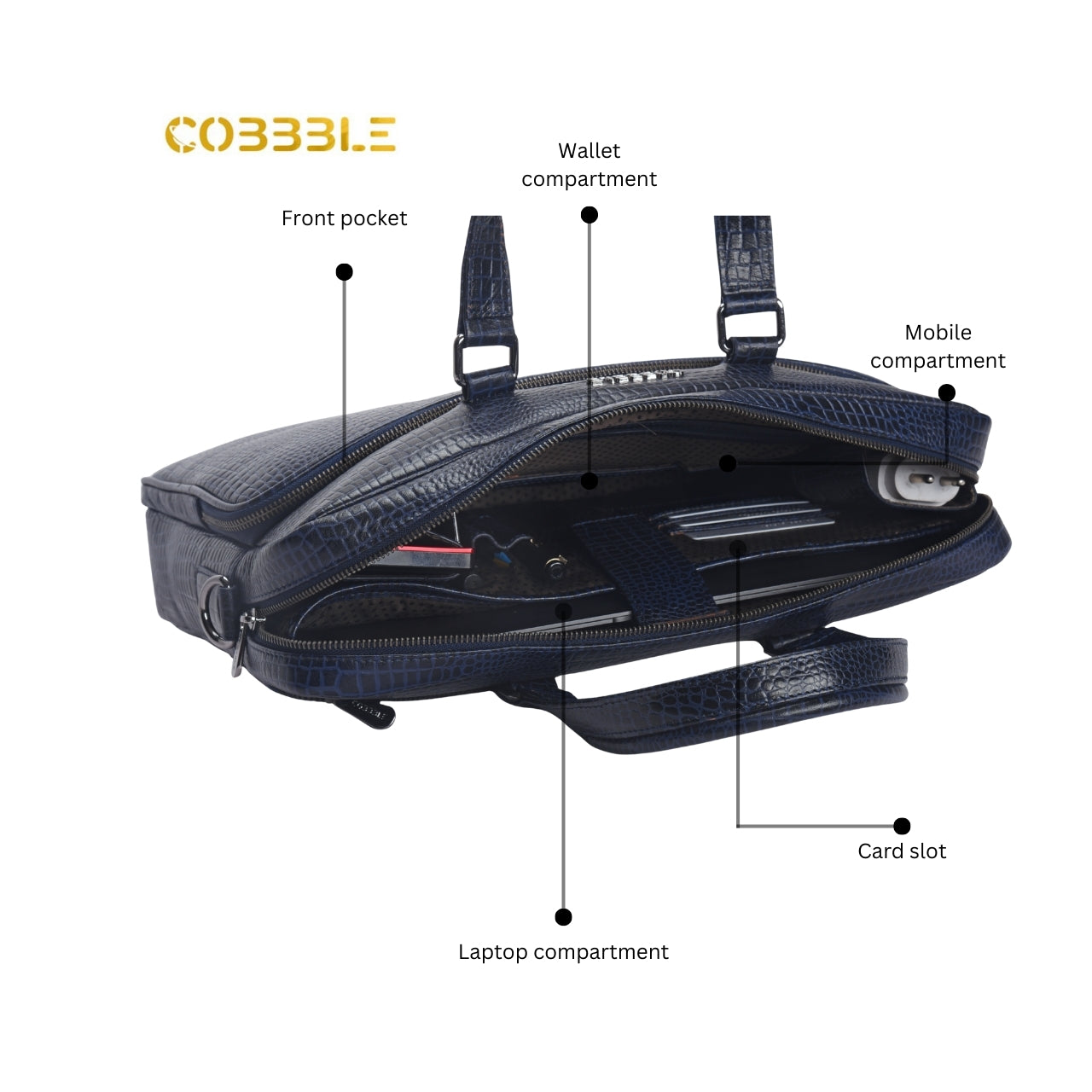 Cobbble Croco Classic Laptop Briefcase - Navy Blue