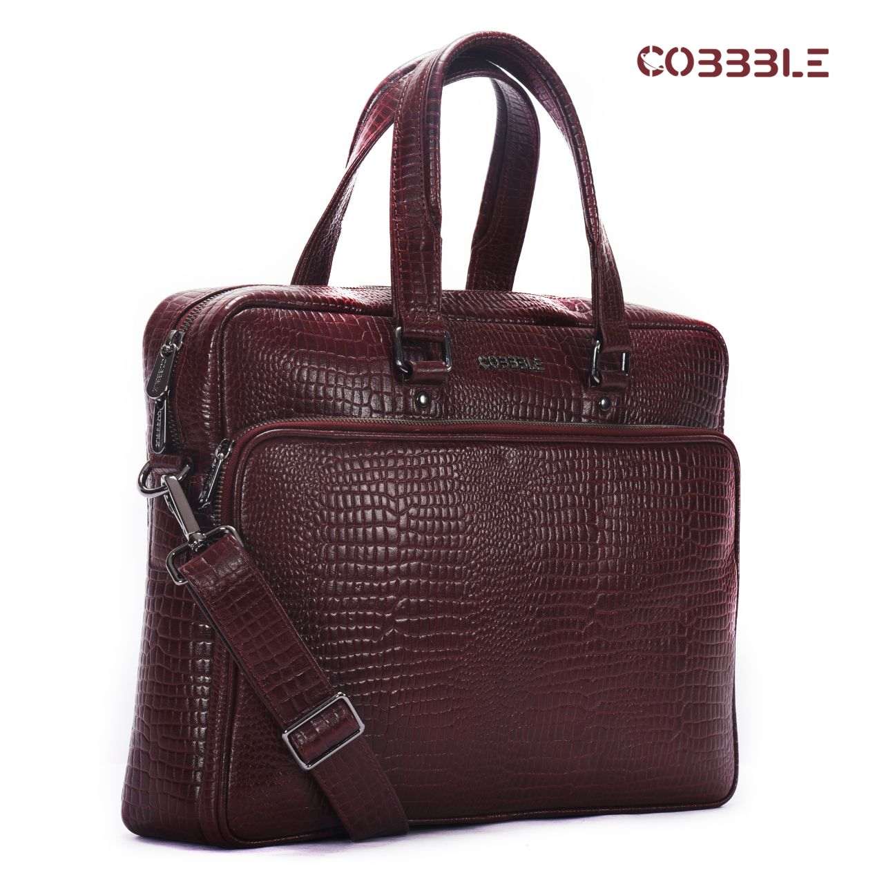Cobbble Croco Classic Laptop Briefcase - Cherry