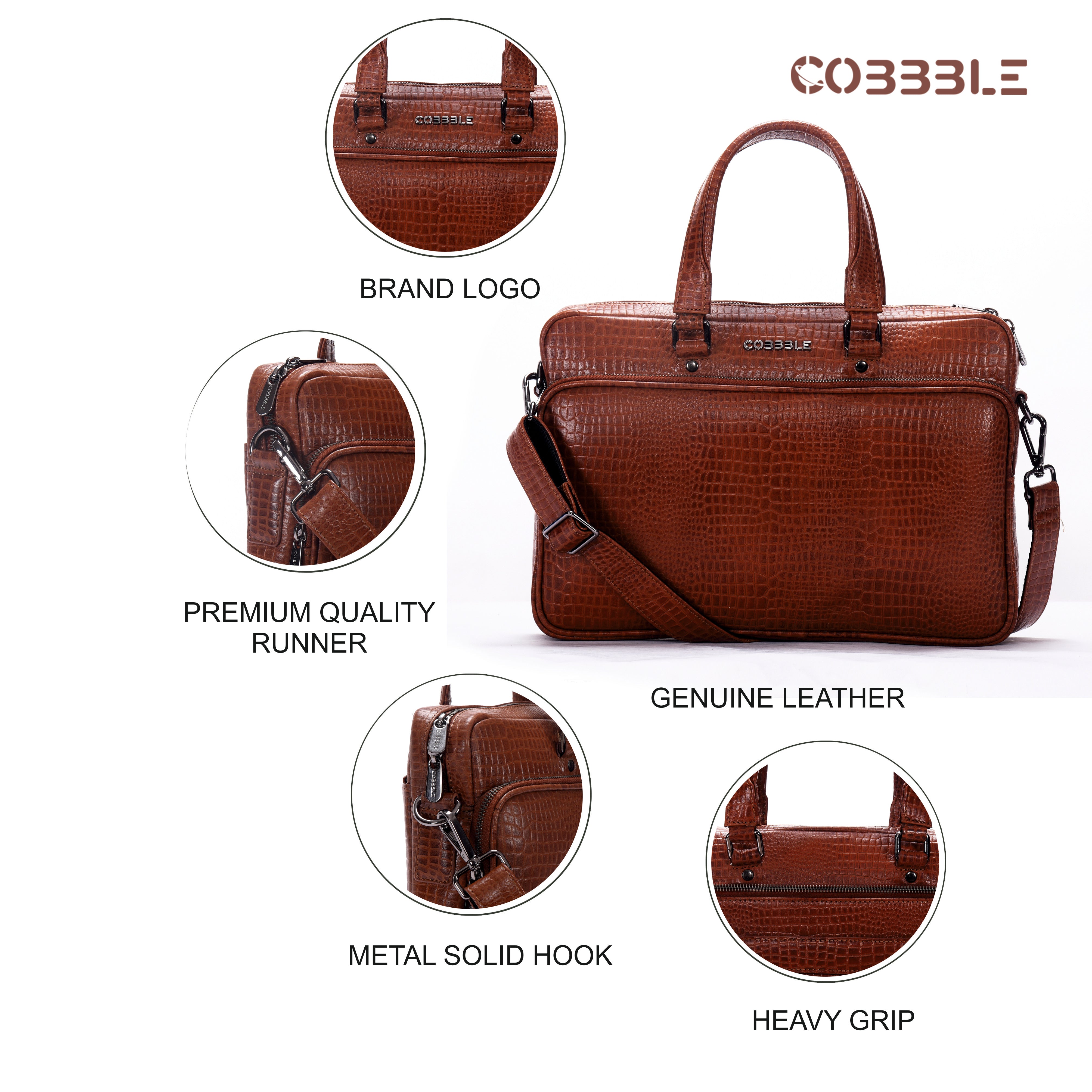 Cobbble Croco Classic Laptop Briefcase - Tan