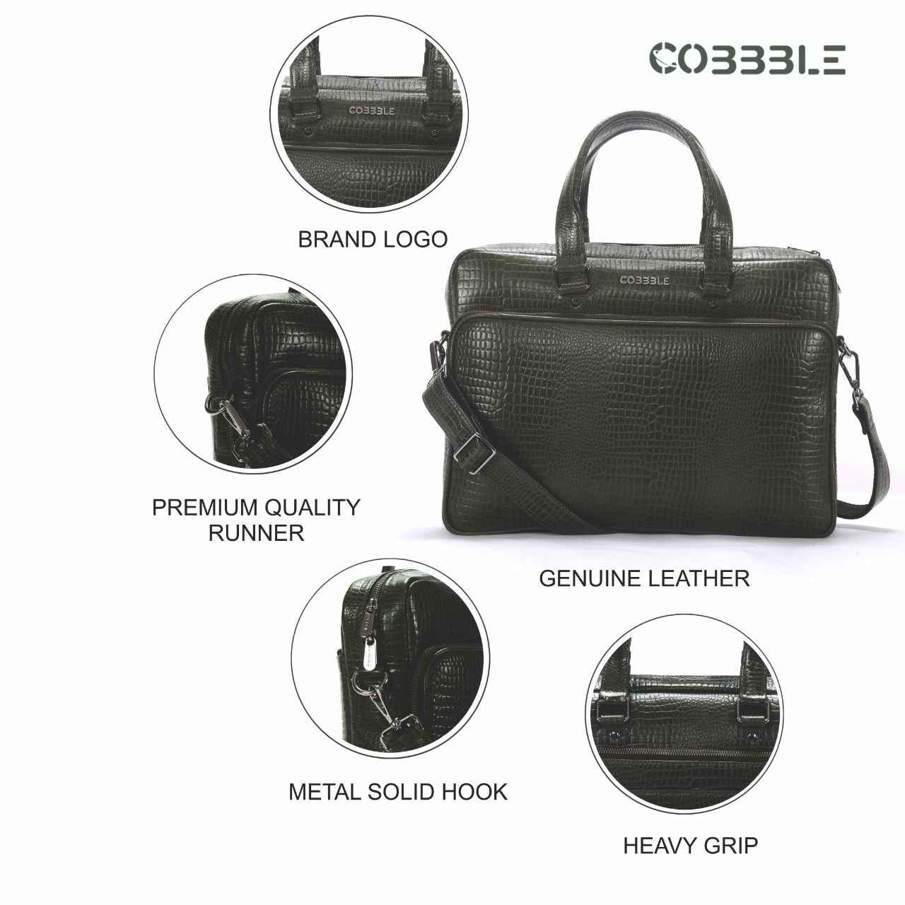 Cobbble Croco Classic Laptop Briefcase - Olive Green