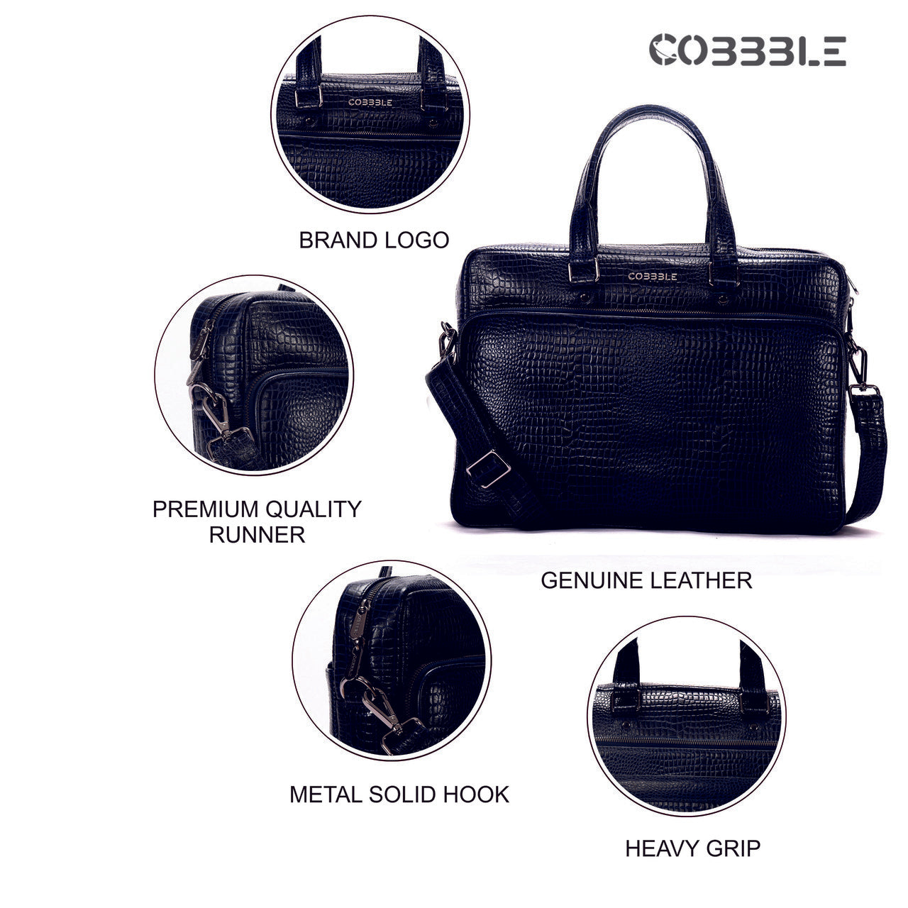Cobbble Croco Classic Laptop Briefcase - Black