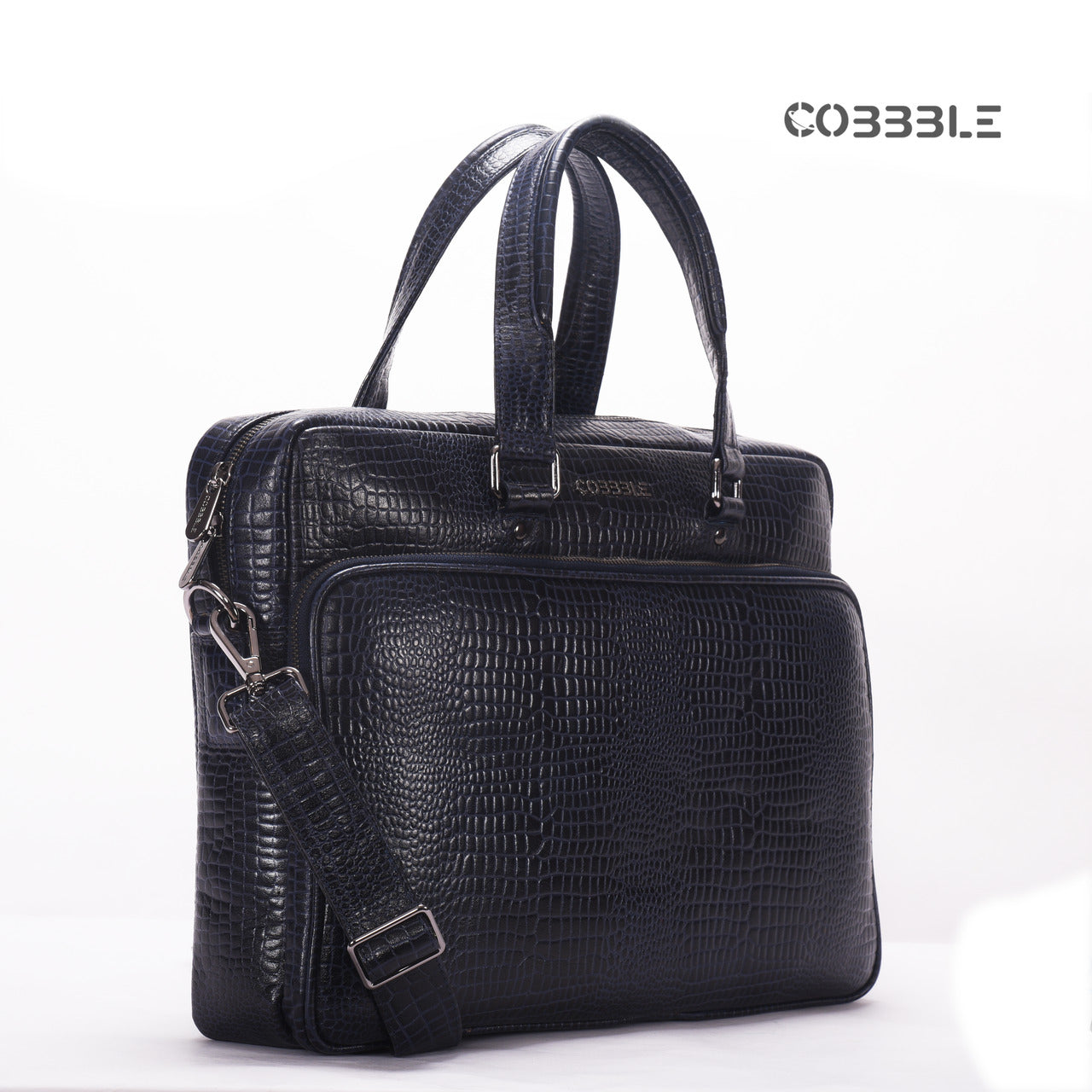 Cobbble Croco Classic Laptop Briefcase - Black