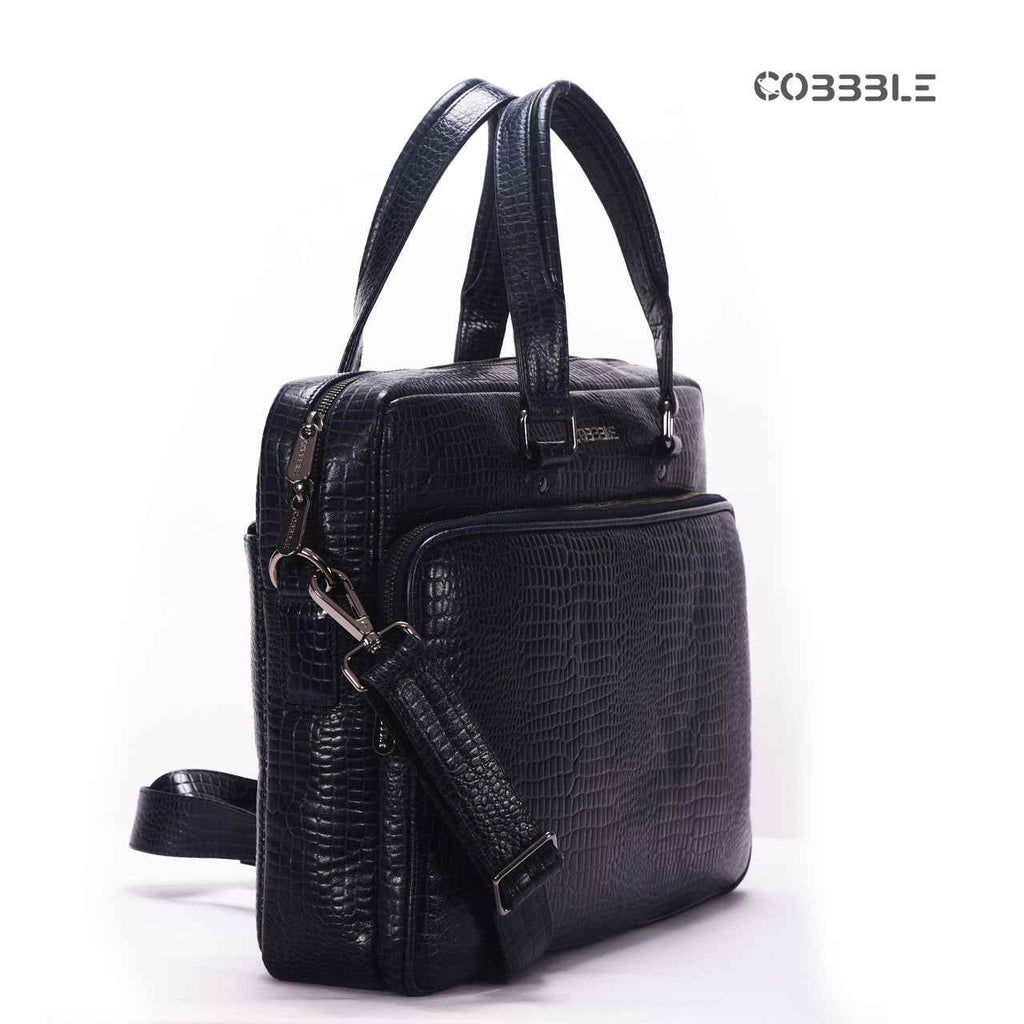 Cobbble Croco Classic Laptop Briefcase - Black
