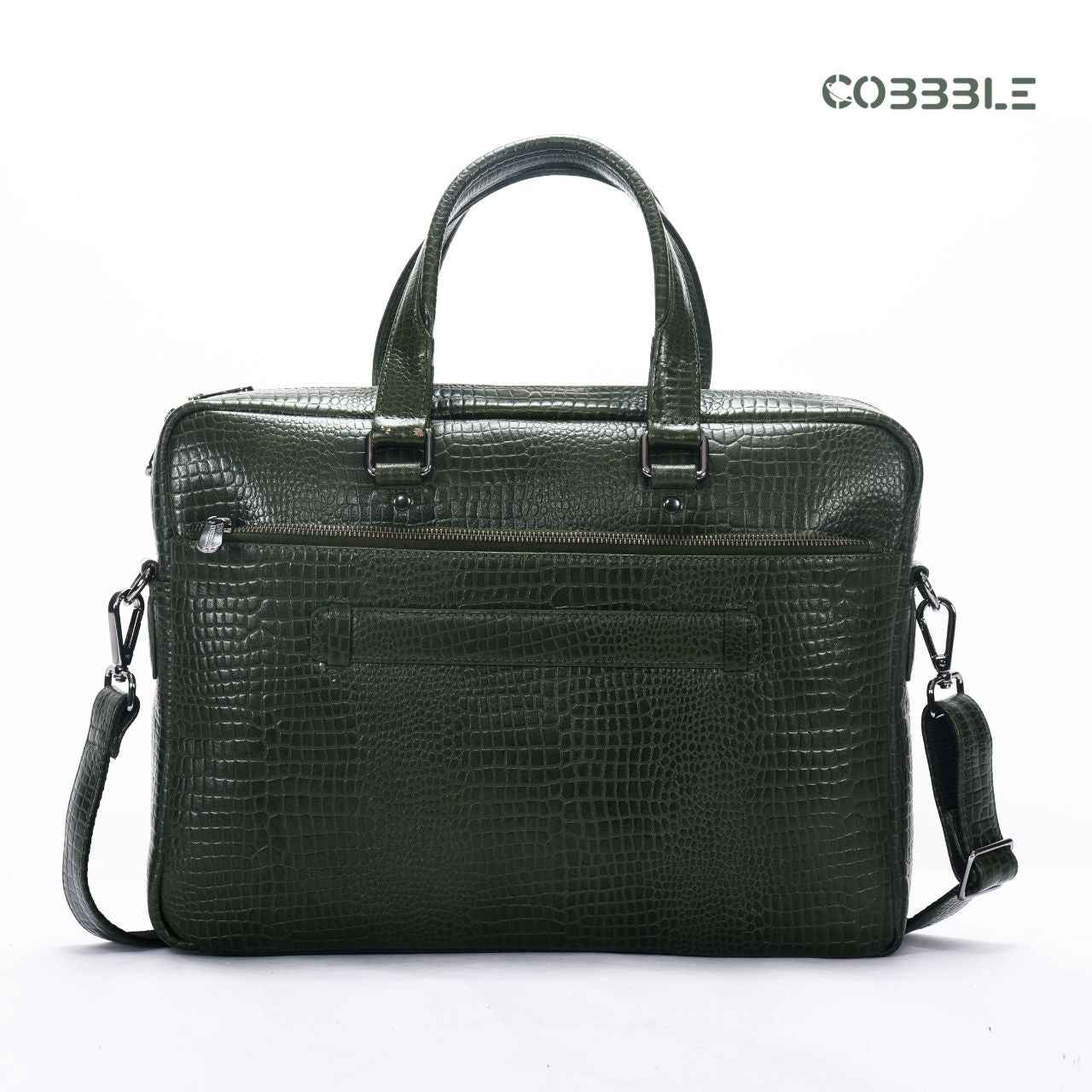 Cobbble Croco Classic Laptop Briefcase - Olive Green