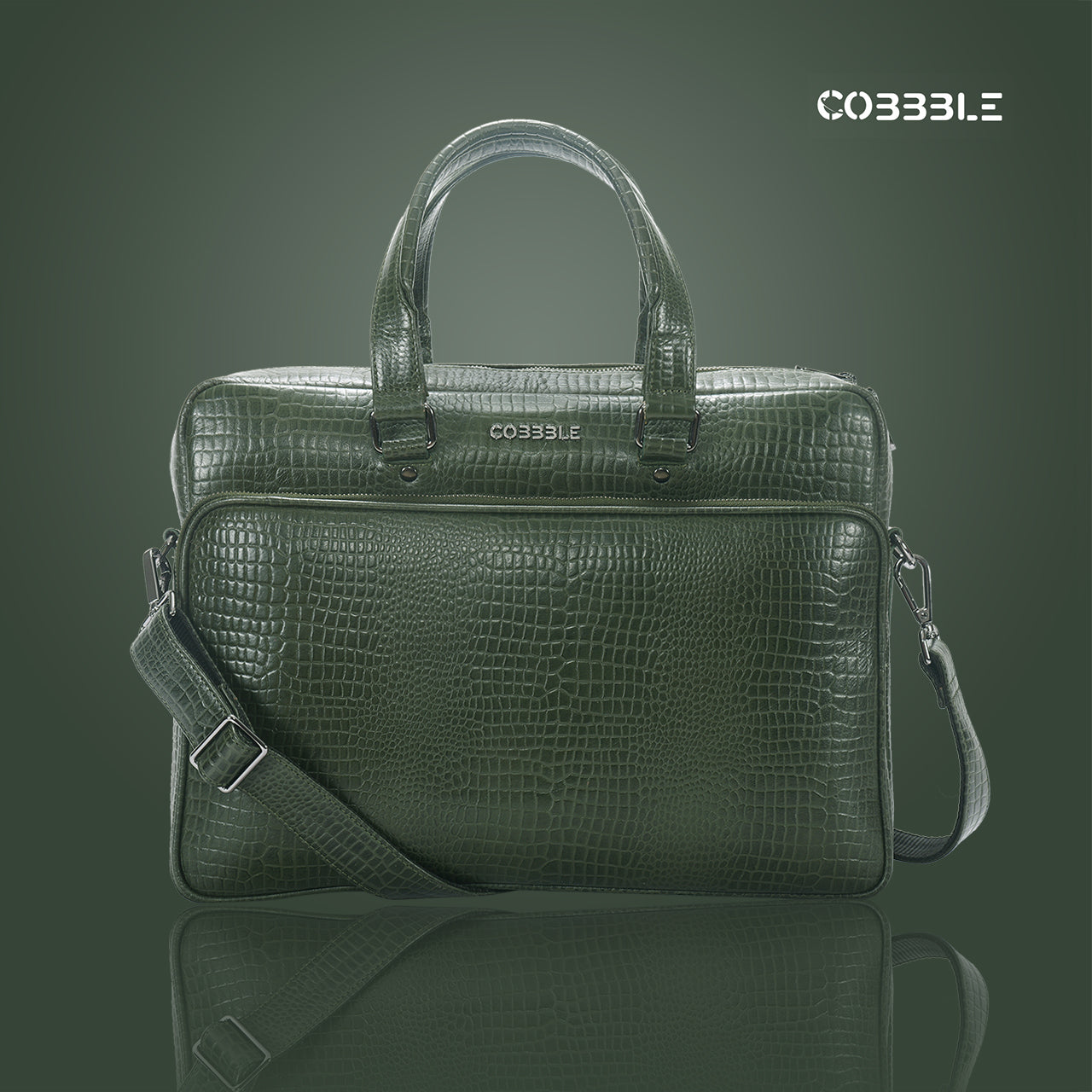 Cobbble Croco Classic Laptop Briefcase - Olive Green