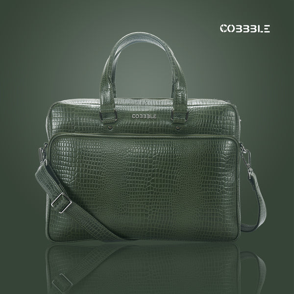 Cobbble Croco Classic Laptop Briefcase - Olive Green