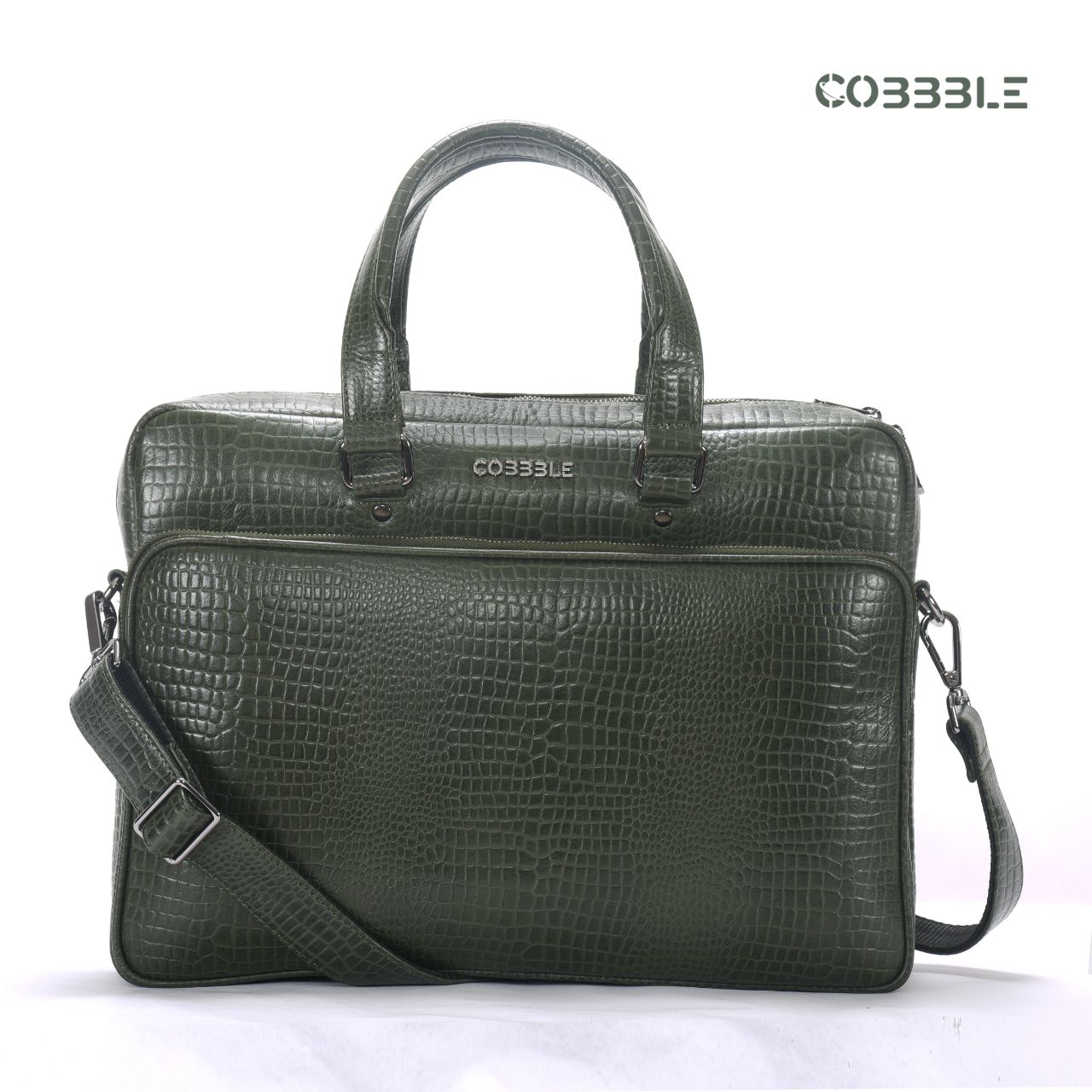 Cobbble Croco Classic Laptop Briefcase - Olive Green