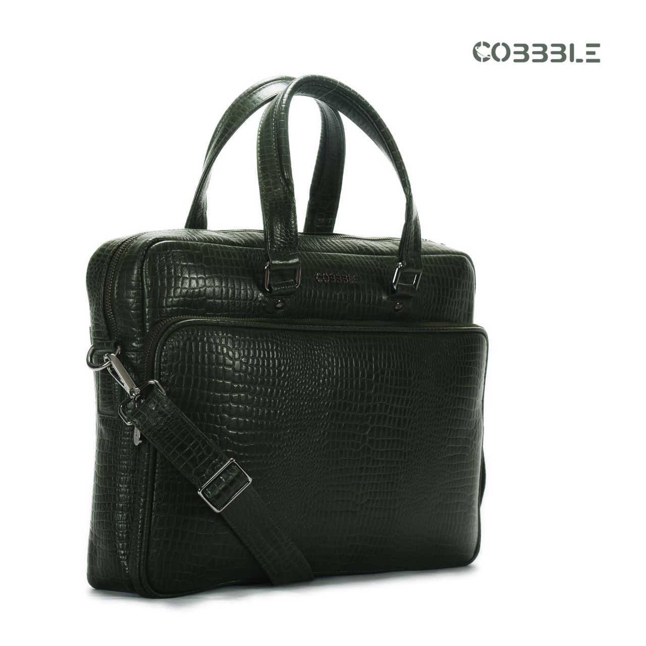 Cobbble Croco Classic Laptop Briefcase - Olive Green