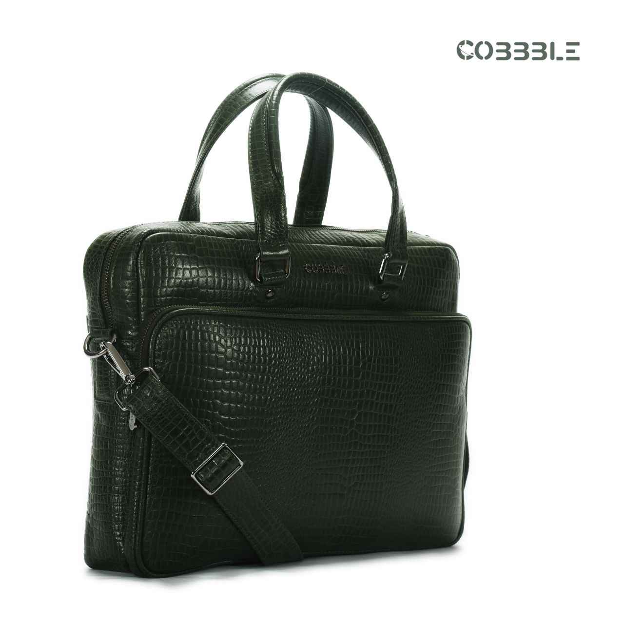 Cobbble Croco Classic Laptop Briefcase - Olive Green