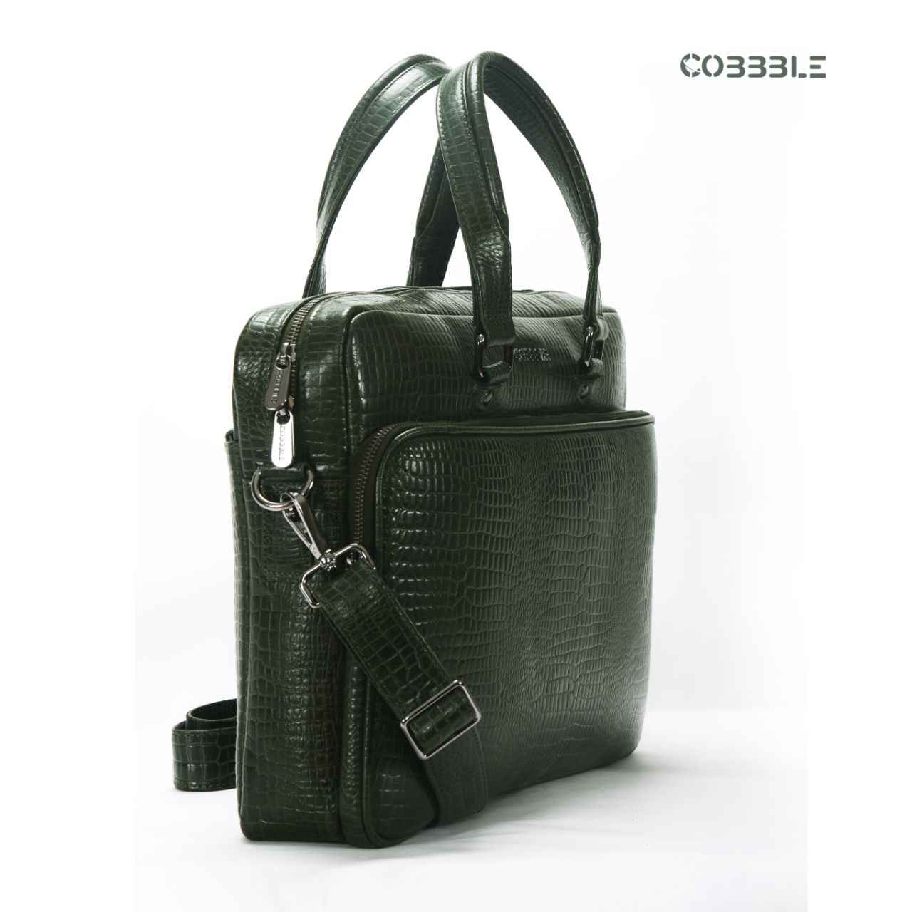 Cobbble Croco Classic Laptop Briefcase - Olive Green