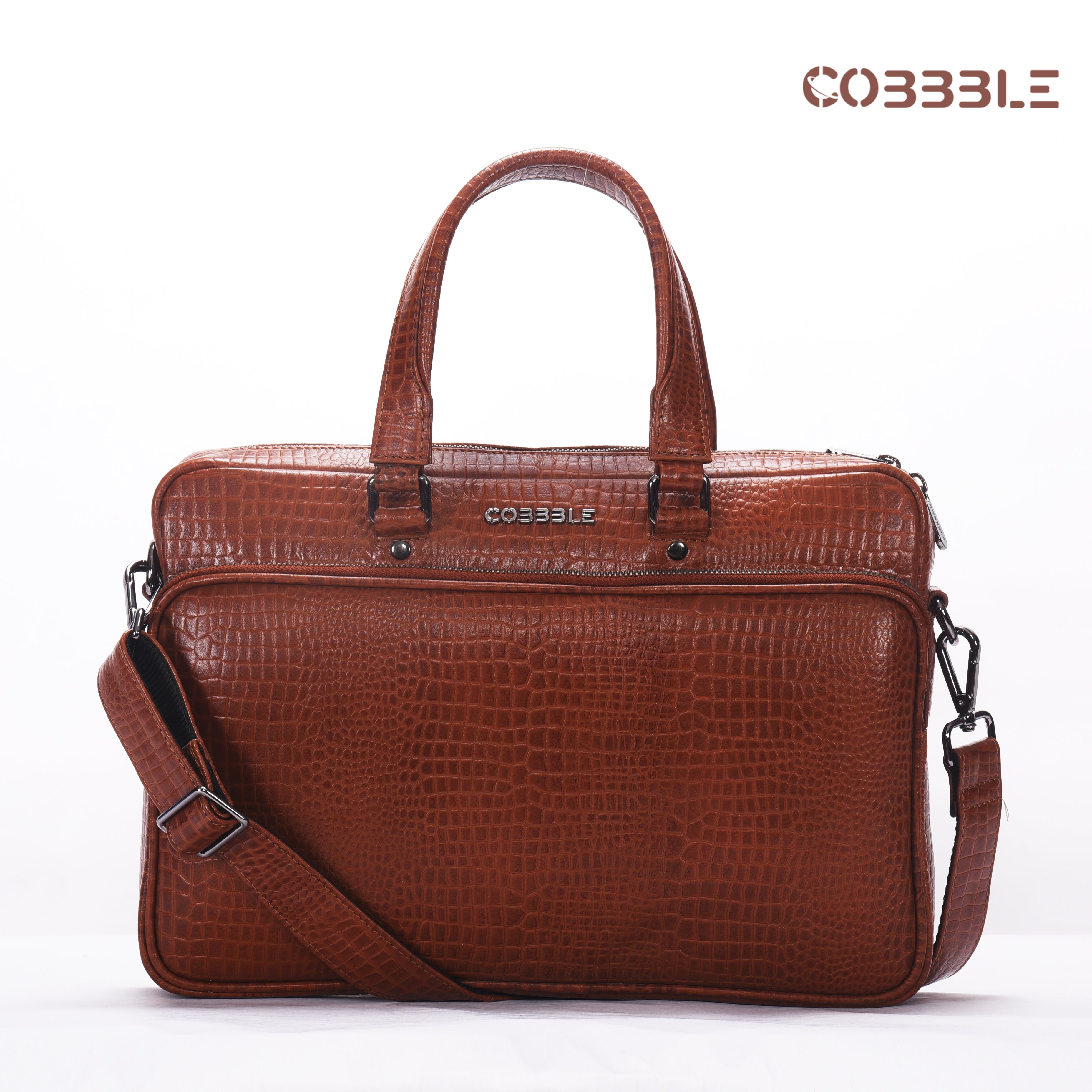 Cobbble Croco Classic Laptop Briefcase - Tan