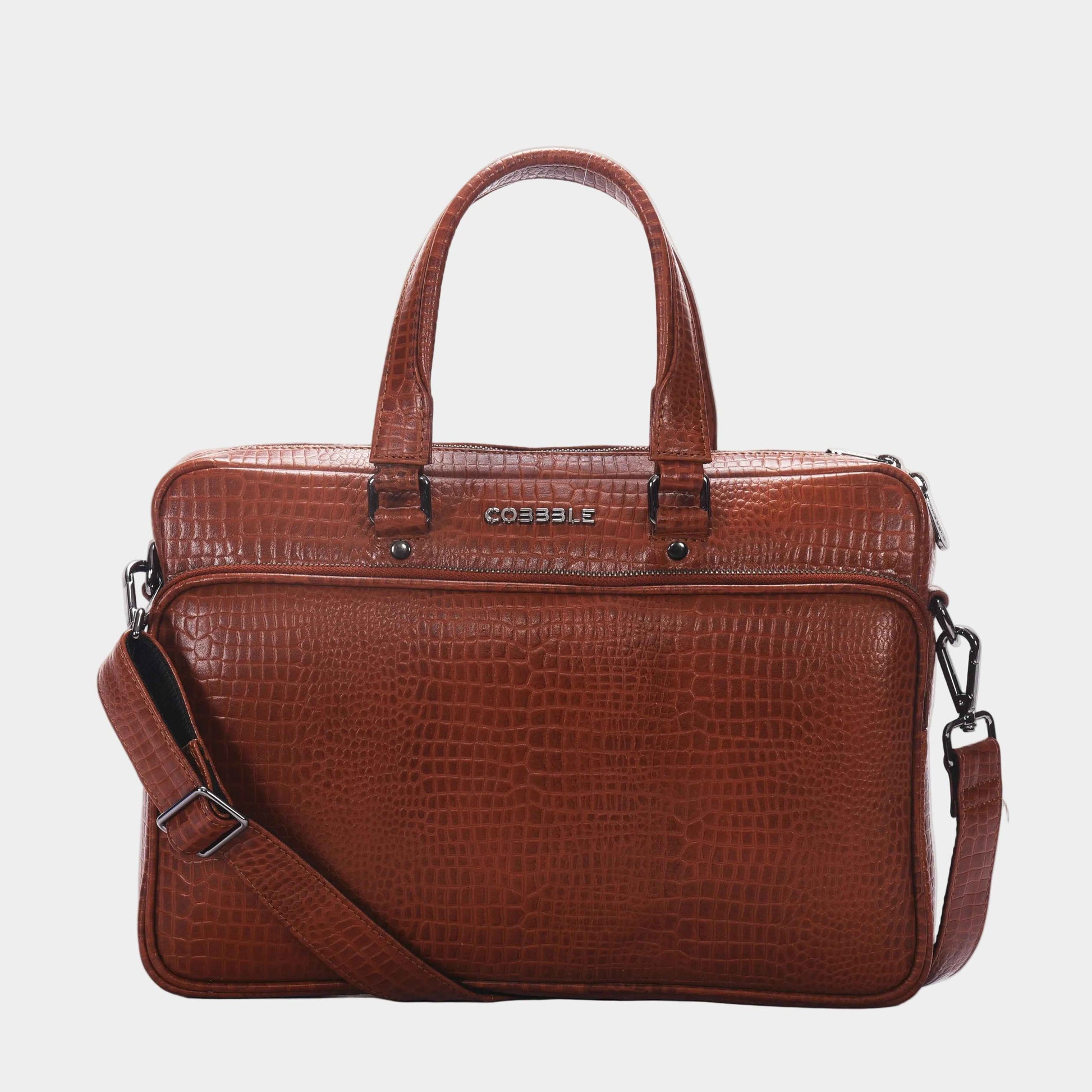 Cobbble Croco Classic Laptop Briefcase - Tan