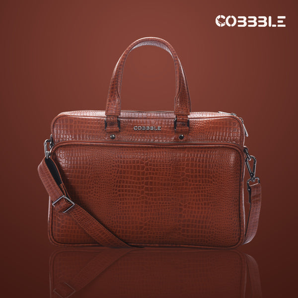 Cobbble Croco Classic Laptop Briefcase - Tan