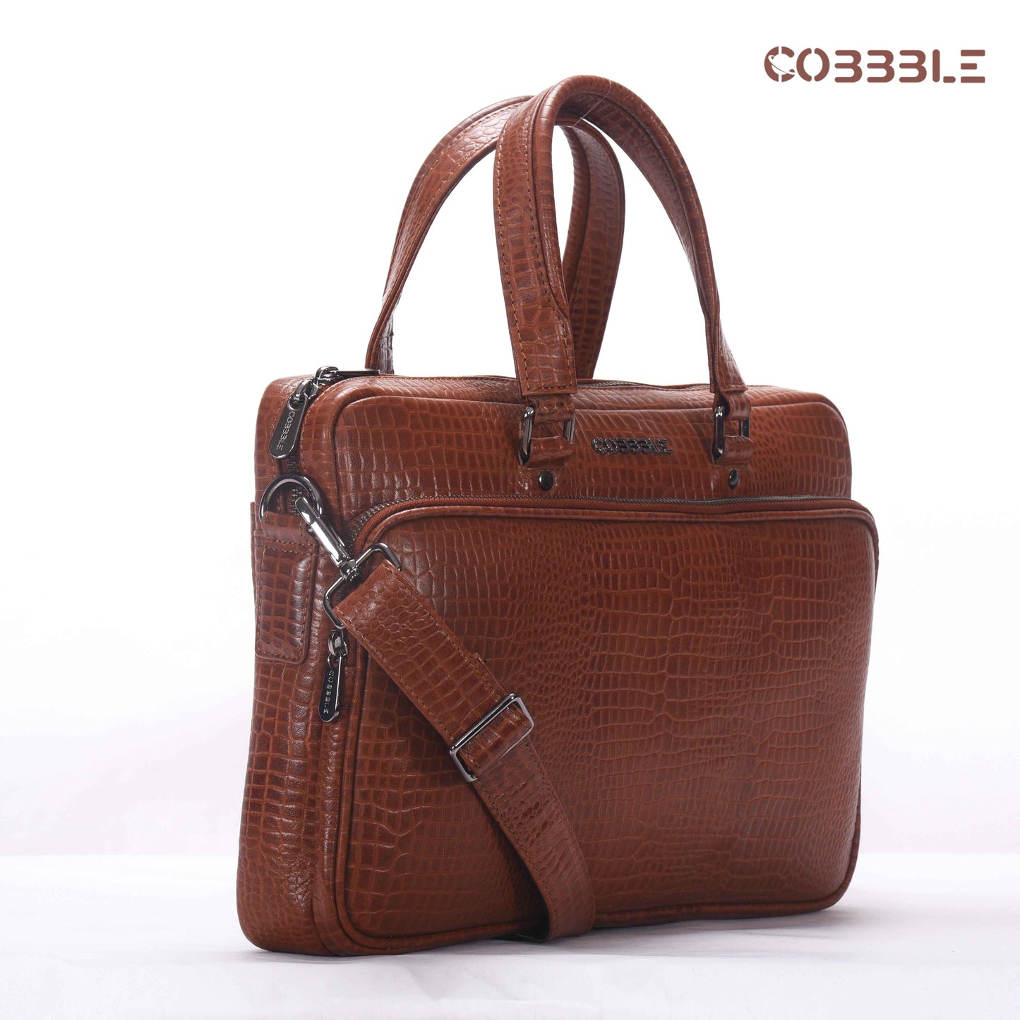 Cobbble Croco Classic Laptop Briefcase - Tan