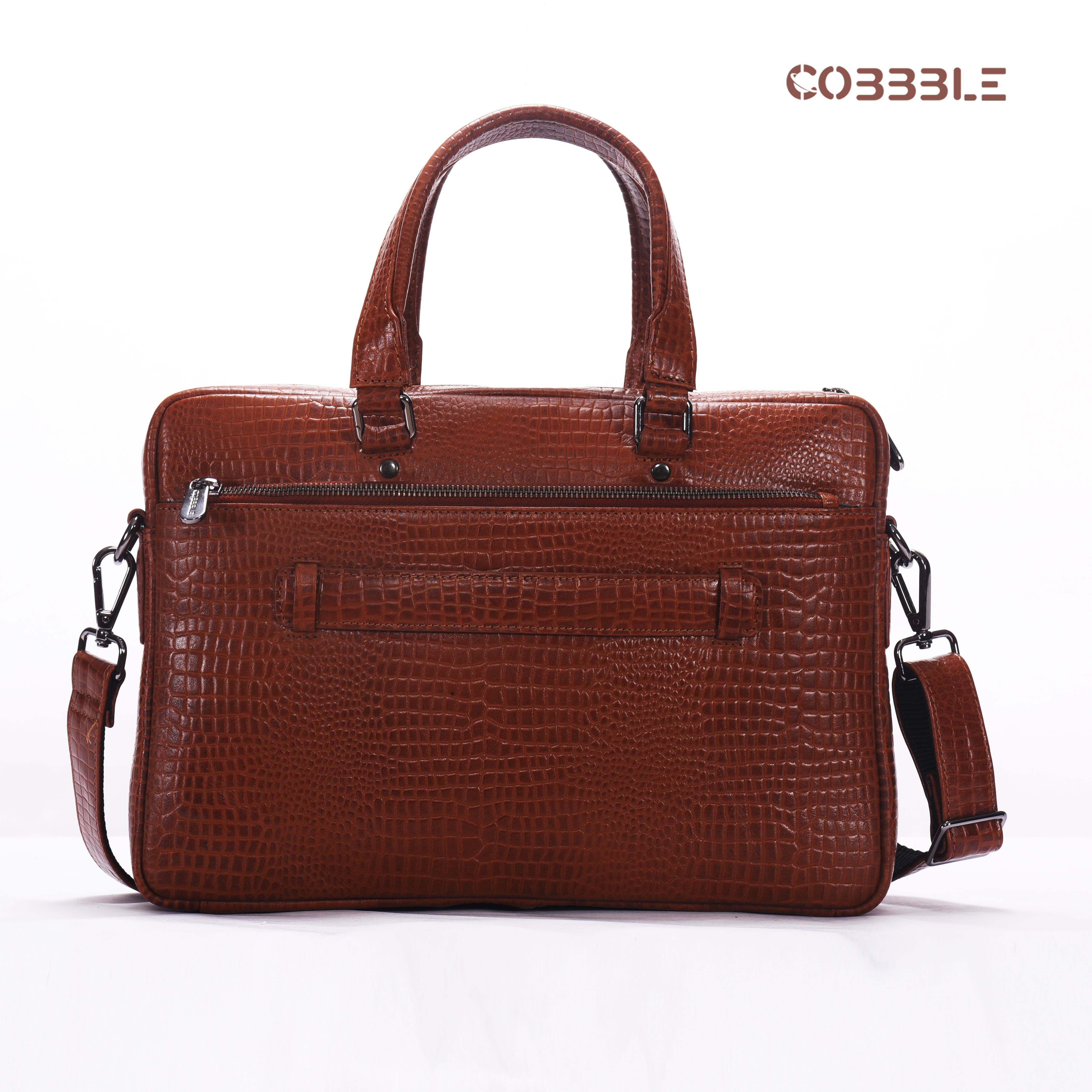 Cobbble Croco Classic Laptop Briefcase - Tan